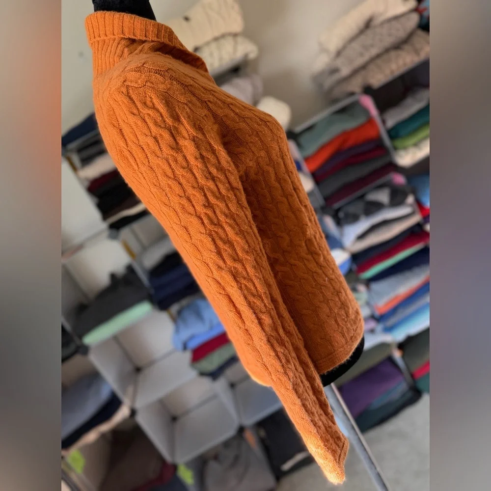 Cashmere Cable Knit Orange Sweater, Shawl Collar. Measures Small-Medium_7